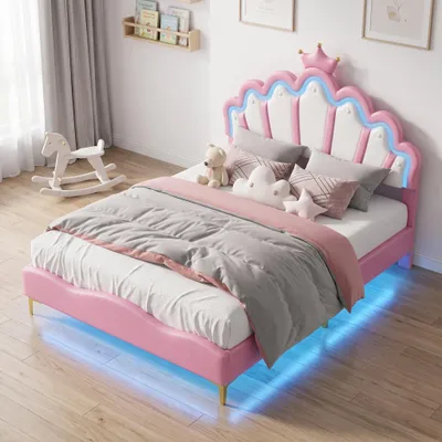 Obrázek produktu pro Postel pro děti, rozměry 140x200 cm, s nastavitelnou opěrkou hlavy ve tvaru koruny, dvoulůžko s LED osvětlením a rošt, barva růžová (bez matrace)