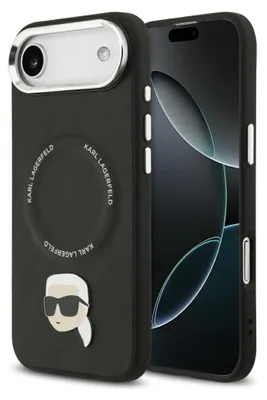 A black Karl Lagerfeld iPhone case with a silver camera ring and a Karl Lagerfeld character graphic is shown next to an iPhone.