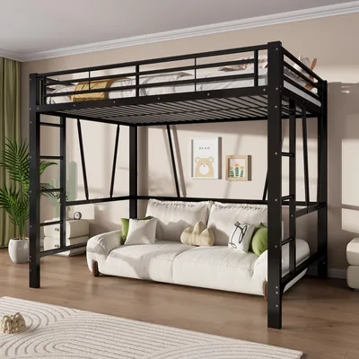 Image de Lit superposé Merax, 140 x 200 cm, lit en hauteur, lit pour enfant, lit en métal avec double échelle, espace ouvert en dessous du lit, lit superposé, lit pour adolescents, noir
