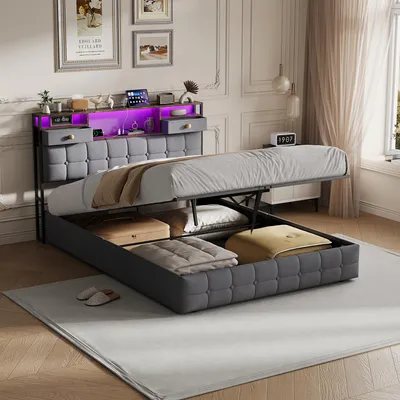 Immagine prodotto di Letto imbottito REMZETTA, 160 x 200 cm, con contenitore, sistema di sollevamento idraulico, 2 cassetti nella testata e illuminazione LED, colore grigio, per adulti