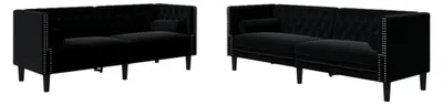 Produktbild von Sofa-Set für Wohnzimmer, 3-Sitzer und 2-Sitzer, Chesterfield und Nackenrollen, 2-teilig, Schwarz, Samt