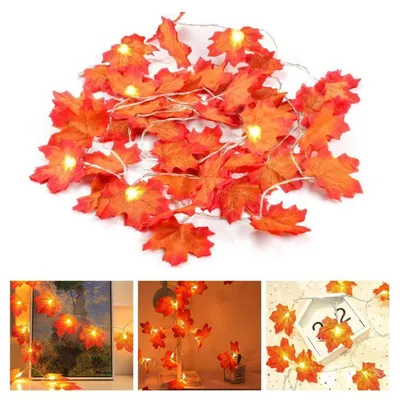 Image de Guirlande lumineuse automnale, 6 mètres, 40 LED en forme de feuilles d'érable, alimentée par piles, pour décoration