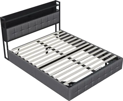 Immagine prodotto di Letto contenitore imbottito 140 x 200 cm in tessuto di lino - con illuminazione LED e connessione per la ricarica - grigio