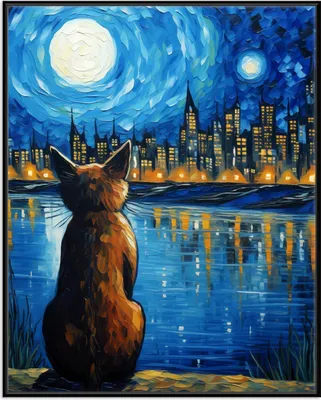 Produktbild von Wallario Wandbild Katze im Mondschein, Größe: 40,30 x 50,30 cm, Poster mit schwarzem Aluminiumrahmen