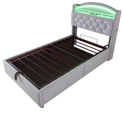 Produktbild von Flieks Hydraulisches Polsterbett 90x200cm mit Ladefunktion und Led, Jugendbett Kinderbett mit Regal und Klappbarem Kopfteil, Einzelbett Samt, Grau