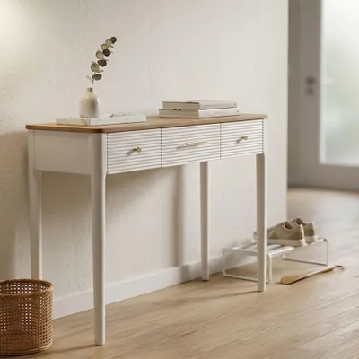 Obrázok produktu pre Konzolový stolík z bieleho a hnedého dreva s 3 zásuvkami 107x37x80 cm