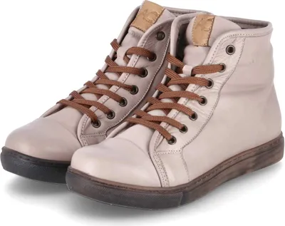 A pair of beige high-top sneakers with brown laces and soles, shown against a white background.