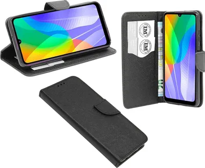 Produktbild von cofi1453® Buch Tasche "Fancy" kompatibel mit Huawei Y6P Handy Hülle Etui Brieftasche Schutzhülle mit Standfunktion, Kartenfach Schwarz