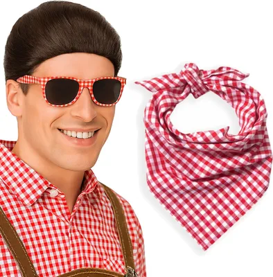 Andre Brille und Halstuch rot-weiß kariert Kostüm-Zubehör für Erwachsene Wiesn Wasen Oktoberfest Fasching Karneval Mottoparty