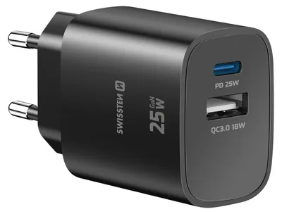 Image de CHARGEUR RAPIDE SUR PRISE GaN 1x USB-C 25 W PD 1x USB-A QC SWISSTEN noir