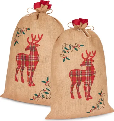 Immagine prodotto di BRUBAKER Sacco di Natale renna rosso a scacchi - 80 cm Sacco regalo di Natale - Sacco di Babbo Natale sacco di iuta, 2 pezzi