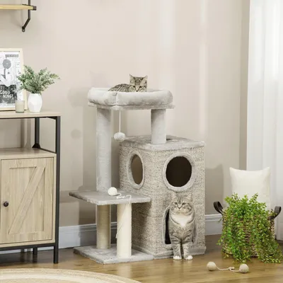 Productafbeelding van Krabpaal - Kattenkrabpaal - Kattenboom - Krabmeubel - Kattenhuis - Met Kattenhol En Speelbal - 91 cm Hoog