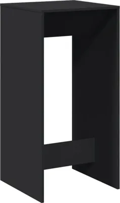 A black bar table with an open section in the middle and a horizontal support beam near the bottom.