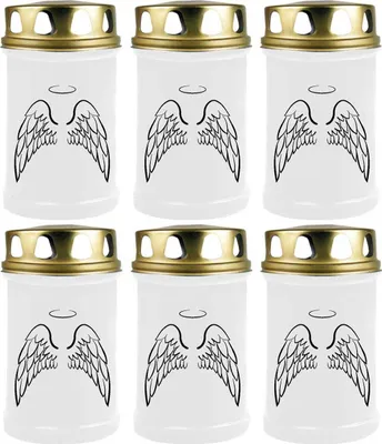 Produktbild von Grabkerze Weiß 6er Pack, Brenndauer: 48 Stunden ( je Kerze ), Motiv: Engelsflügel