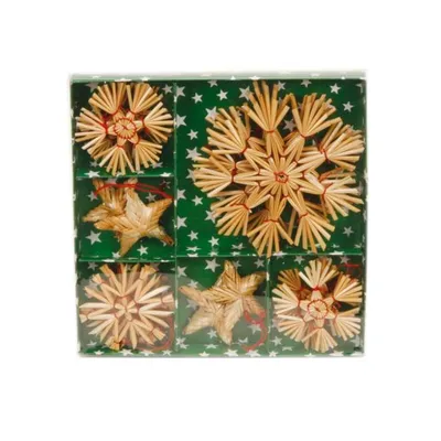 A box of straw Christmas ornaments with a star pattern on a green background.