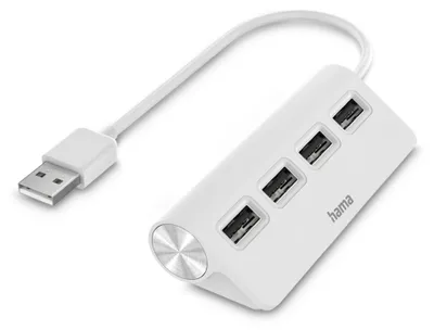 A white USB hub with four USB 2.0 ports and a silver accent on a white background.