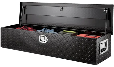 Produktbild von VEVOR Schwerlast Aluminium Werkzeugkiste für Lkw, Diamantplatte Werkzeugkiste mit Seitengriff und Schlüsseln, Aufbewahrungswerkzeugkiste Truhenorganizer für Pickup, Lkw-Bett, Wohnmobil, Anhänger, 762 x 330 x 244 mm, Schwarz, Schwarz-b
