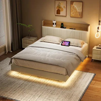 Produktbild von Gepolstertes Bett 160x200 cm aus weißem Polyurethanund hellem Holz mit LED-Beleuchtung unter dem Bett, Stauraum im Kopfteil, zwei USB-Anschlüssen und Seitentaschen (Matratze nicht im Lieferumfang enthalten)