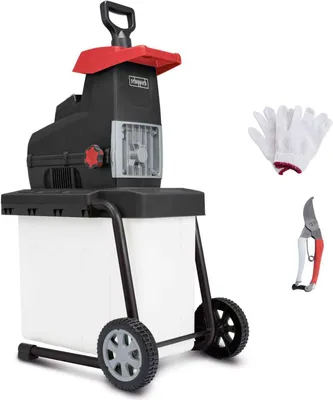 A garden shredder with a collection bin, along with a pair of gloves and pruning shears, is presented against a white background.