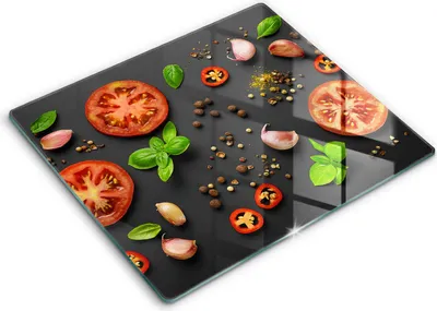 Zdjęcie produktu dla Deska kuchenna – 60 cm x 52 cm - Szklana deska do krojenia - Szkło hartowane – Antypoślizgowa - Pomidory I Przyprawy