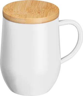 Produktbild von Doppelwandige Edelstahl-Tasse mit Bambusdeckel / 350ml / Farbe: weiß