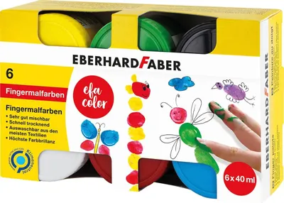 Produktbild von Eberhard Faber 578606 - EFA Color Fingerfarben-Set mit 6 Farbtöpfchen zu je 40 ml, schnelltrocknend und auswaschbar, zum Mischen und für kreativen Malspaß
