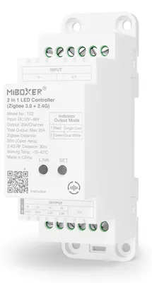 Produktbild von MiBoxer TZ2 2-in-1 LED-Controller für Hutschiene– Zigbee 3.0  und  2.4 GHz, Einfarbig  und  CCT, 12–48 V, 20 A