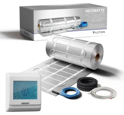 Produktbild von VILSTEIN Aluminium-Fußbodenheizung 150W/m² – Elektrische Heizmatte für Laminat, Parkett & Vinyl, selbstklebend, zuschneidbar, Touchscreen-Thermostat, Komplettset 12m²