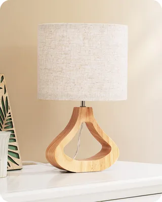 Zdjęcie produktu dla Lampa nocna EDISHINE z drewna, lampa stołowa z żarówką E27, nowoczesna beżowa lampa stołowa w stylu vintage do salonu i sypialni