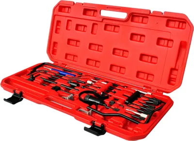 A red plastic case containing a set of automotive tools.