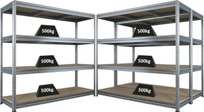 Produktbild von Mega Deal | 3x Schwerlastregal DINO | HxBxT 180x200x60cm | 4 Spanplatten-Ebenen 16mm | Fachlast 500kg | Verzinkt