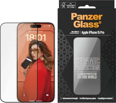 Zdjęcie produktu dla PanzerGlass ® Ceramic Screen Protector iPhone 15 Pro | Ultra-Wide Fit w. EasyAligner, Apple, Apple - iPhone 15 Pro, Aplikacja na sucho, Odporny na zadrapania, Odporny na wstrząsy, Przezroczysty, 1 szt.