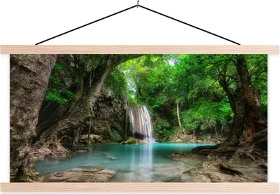 Produktbild von MuchoWow® Textilposter Dschungel - Wasserfall - Pflanzen - Wasser - Natur 60x30 cm mit holzfarbenen Rahmen - Dekoration