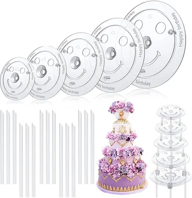 Produktbild von Tortenplatte - Tortenständer - 5 Etagen (9/12/16/20/26 cm) - 15 Stück Kunststoffstecker - wiederverwendbar für Tortenstützen - mehrere Etagen - Hochzeit - Geburtstag - Feier - Festival