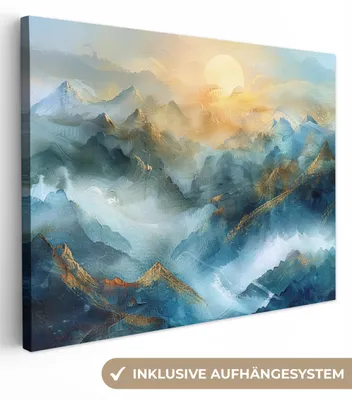 Produktbild von MuchoWow® - Leinwandbilder - Abstrakt - Landschaft - Berge - Blau - Modern, Wandbild, Wanddeko Bilder Wohnzimmer, 40x30cm