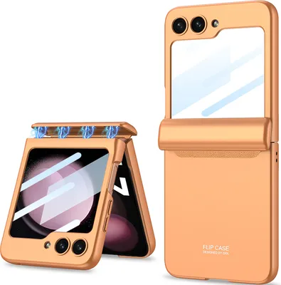 Image de Étui en PC rigide pour Samsung Galaxy Z Flip 5 avec protection de la charnière magnétique, protection de l'écran et housse All-Inclusive Orange