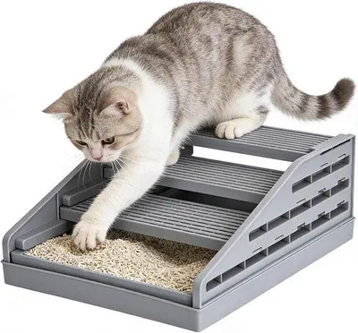 Productafbeelding van Kattenbakmat met Trappetjes - Kattenbak Opstapje - Rommelvrij Onderhoud - Opvouwbare Toegang - 44 x 33 x 6 cm - Grijs