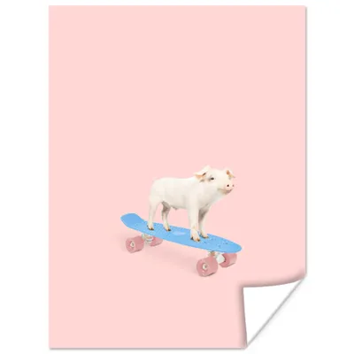 Produktbild von MuchoWow® Poster Schwein - Rosa - Skateboard - Blau - Tiere 120x160 cm - Wandbilder