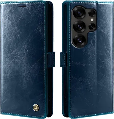 A blue leather flip case for a smartphone is shown from two angles.
