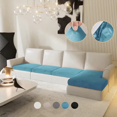 Produktbild von Sofa Überzug Samt für L-förmig Sofa mit 3 Einzelsitz und 1 Chaiselongue, Sofa Bezug mit Gummiband, Sitzkissen Bezug Elastisch Universal Blau