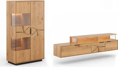 Produktbild von Wohnwand Tirano Wohnzimmer-Set Massivholz geölt Ausführung wählbar,Vitrine, Lowboard,Eiche Natur / Absetzung Hirnholz