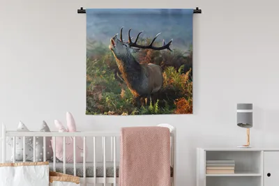 Produktbild von MuchoWow® Wandteppich Wandbehang Hirsche - Wald - Nebel 90x90 cm Tapisserie Dekoration Wandtuch - Wandaufhänger