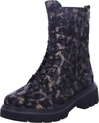 A single black and gold patterned boot is shown against a white background.