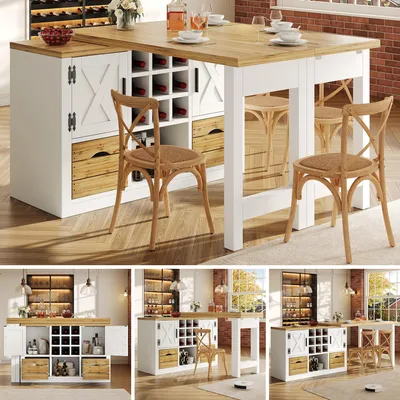 Produktbild von Kücheninsel-Esstisch weiß, ausziehbar, 360° drehbar, Sideboard, multifunktional, Stauraum, für Küche, Esszimmer & Wohnzimmer