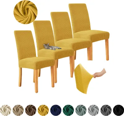 Produktbild von MEBLE ODNOWA, Stuhlhusse, Stuhlbezug, Standardgröße, Jacquard, Honiggelb , 4er Set, Karostruktur, elastisch, Stuhlbezüge, Stuhlhussen, maschinenwaschbar