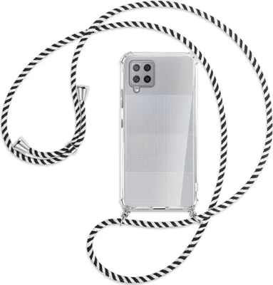 Produktbild von Handykette Backcover-Schutzhülle mit Band (Metall silberfarben) für Samsung Galaxy A42 5G - schwarz/weiß gestreift