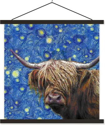 Produktbild von MuchoWow® Textilposter Van Gogh - Sternennacht - Schottisches Hochlandrind 120x120 cm mit schwarzem Rahmen - Aufhängungsset