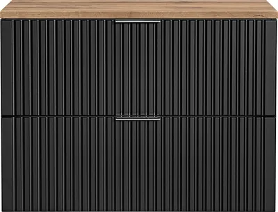 Produktbild von Waschtischunterschrank 80cm ADELAIDE-56-BLACK, matt schwarz mit Eiche Nb., gerillte Front, B/H/T ca. 80,6/59,2/46,5 cm