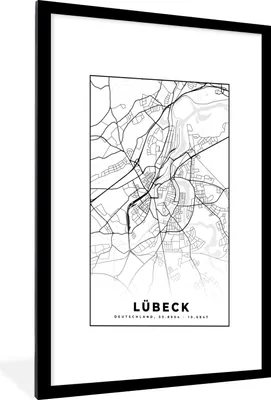 Produktbild von MuchoWow® Gerahmtes Poster Lübeck - Karte - Stadtplan - Karte 60x90 cm - Poster mit Schwarzem Bilderrahmen Wandposter Rahmen Foto Bilder - Dekoration - Wandposter Wohnzimmer - Hochwertig