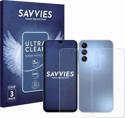 A product shot of screen protectors and packaging for a Samsung Galaxy A15 phone.